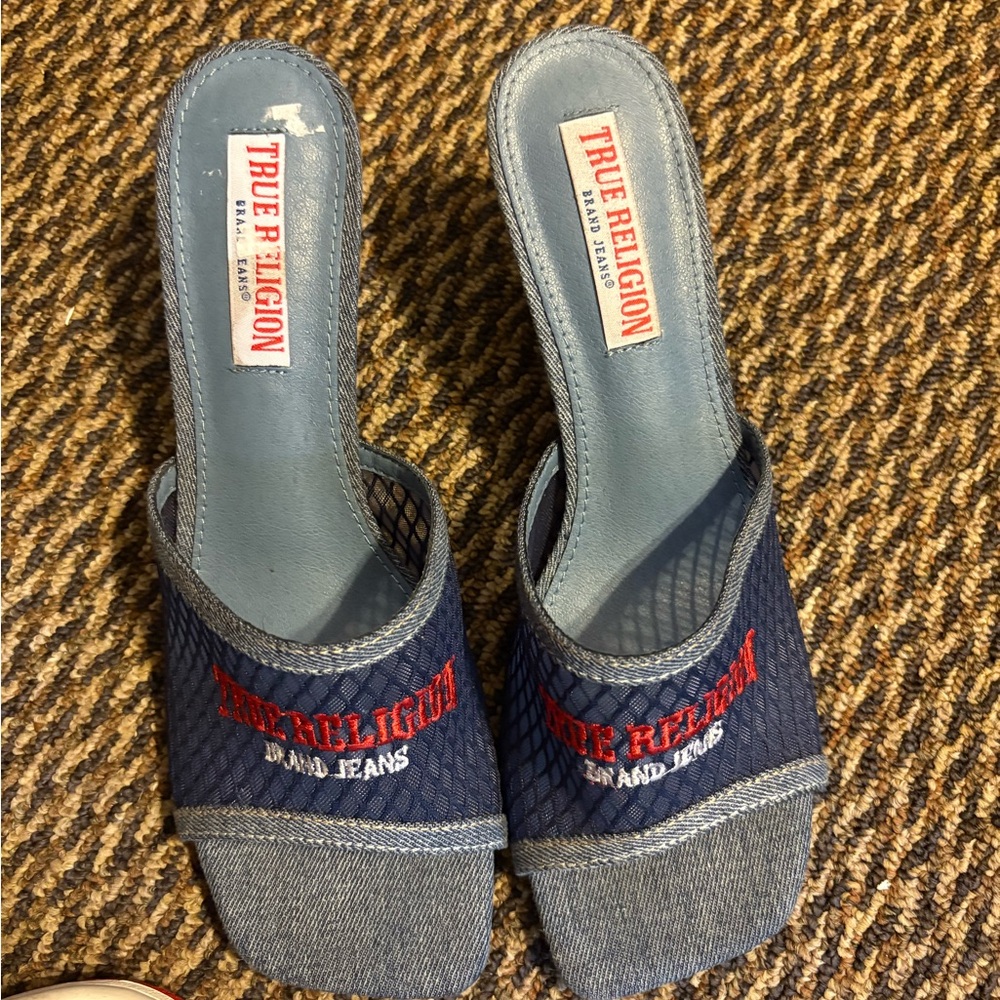 True Religion Women's Blue and Red Denim Mules